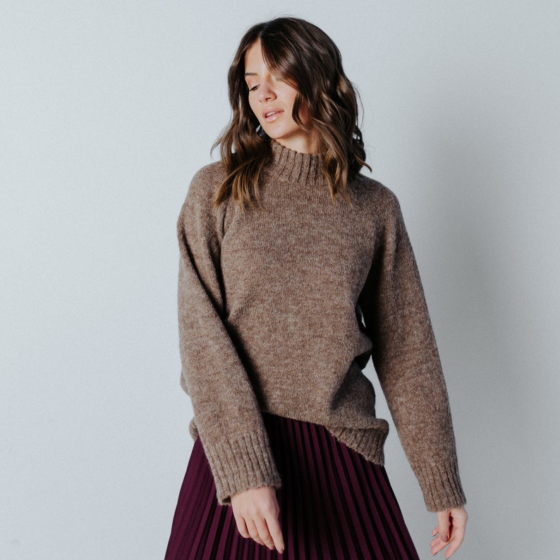 May include: A brown, fuzzy sweater with a mock neck and long sleeves. The sweater is paired with a burgundy pleated skirt.