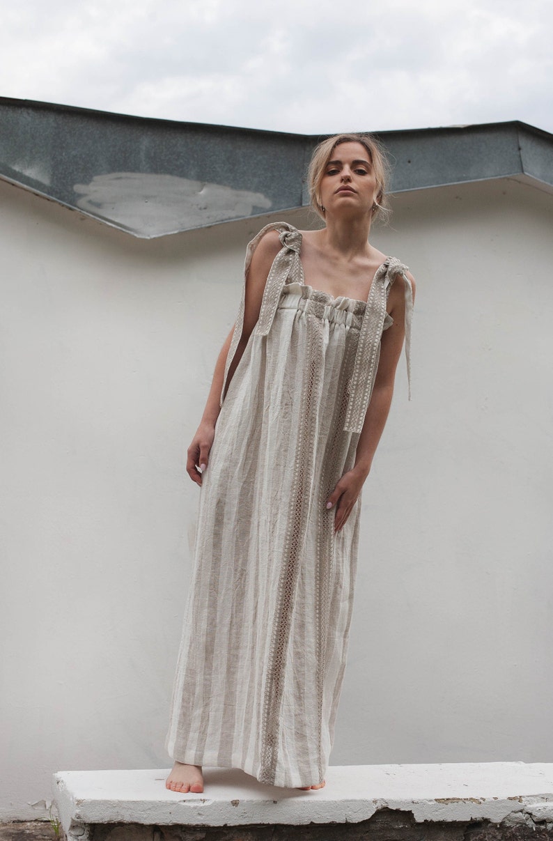 linen dress with lace inserts and tie-straps image 2