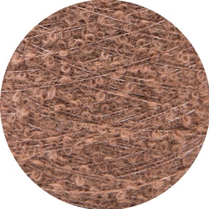 May include: A close-up of a skein of brown yarn with a fuzzy texture.