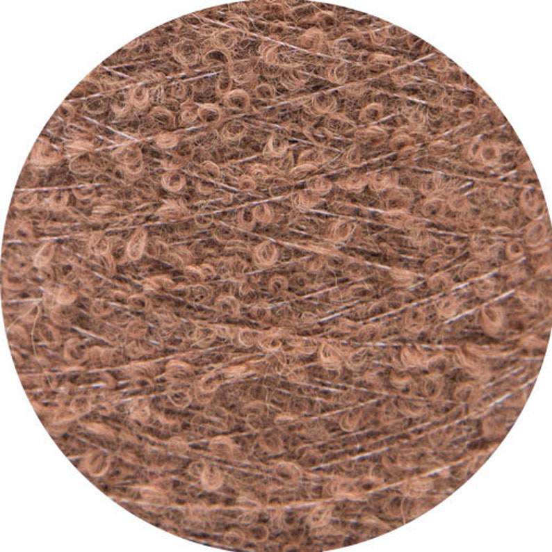 May include: A close-up of a skein of brown yarn with a fuzzy texture.