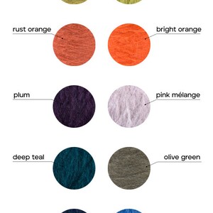 May include: A color chart showing ten different yarn colors. The colors are: yellow-green, soft yellow, rust orange, bright orange, plum, pink m&eacute;lange, deep teal, olive green, dark blue, and cobalt blue.
