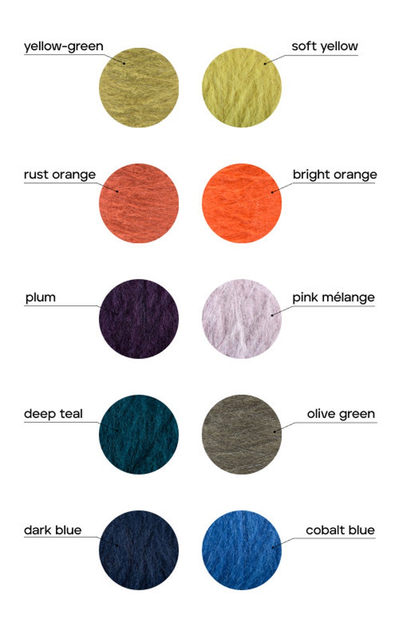 May include: A color chart showing ten different yarn colors. The colors are: yellow-green, soft yellow, rust orange, bright orange, plum, pink m&eacute;lange, deep teal, olive green, dark blue, and cobalt blue.