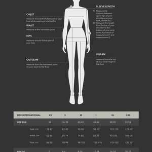 May include: Size chart for women's clothing with measurements in inches and centimeters. The chart includes sizes XS through XXL, with measurements for bust, waist, and hips.