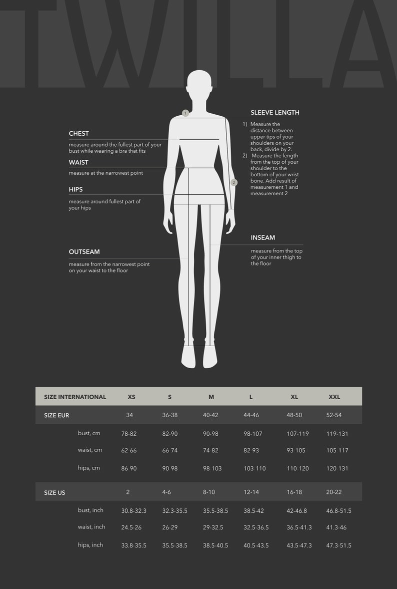 May include: Size chart for women's clothing with measurements in inches and centimeters. The chart includes sizes XS through XXL, with measurements for bust, waist, and hips.