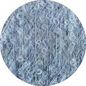 May include: Close-up of a skein of light blue yarn with a fuzzy texture.