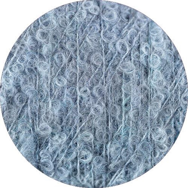 May include: Close-up of a skein of light blue yarn with a fuzzy texture.