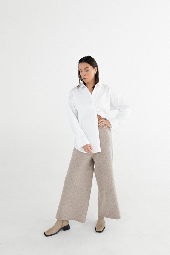 Hand Knitted Wool Palazzo Pants: High Waist Wide-Leg Trousers