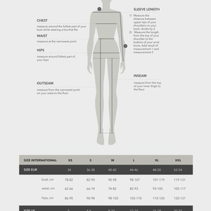 May include: A size chart for clothing with measurements in inches and centimeters. The chart shows the size conversions for XS, S, M, L, XL, and XXL in international, European, and US sizes. The chart includes measurements for bust, waist, and hips.