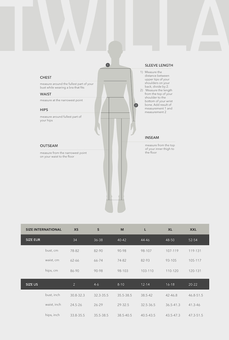 May include: A size chart for clothing with measurements in inches and centimeters. The chart shows the size conversions for XS, S, M, L, XL, and XXL in international, European, and US sizes. The chart includes measurements for bust, waist, and hips.