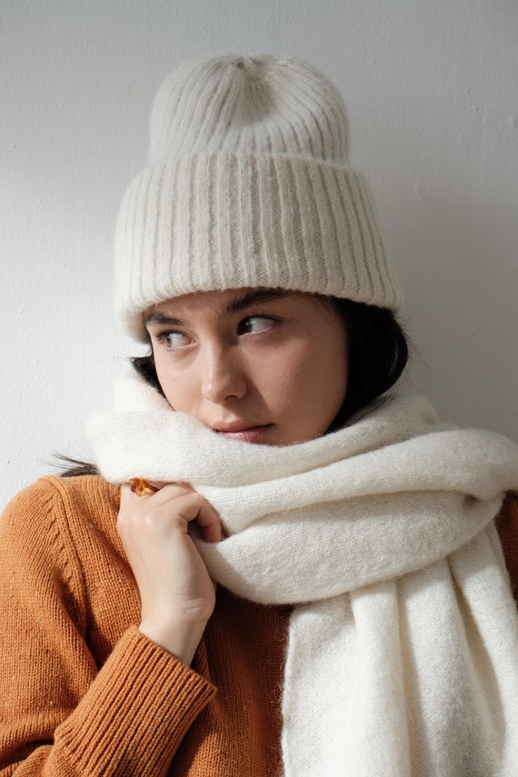 Alpaca Wool Blend Hat and Scarf Set. Ribbed Beanie and