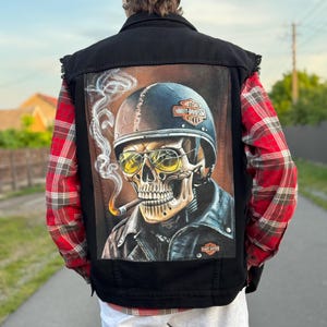 Custom Skeleton Biker Jacket or Vest – Hand-Painted Gothic Motorcycle Jacket – Unisex Leather or Denim – Personalized Rocker Gift for Men