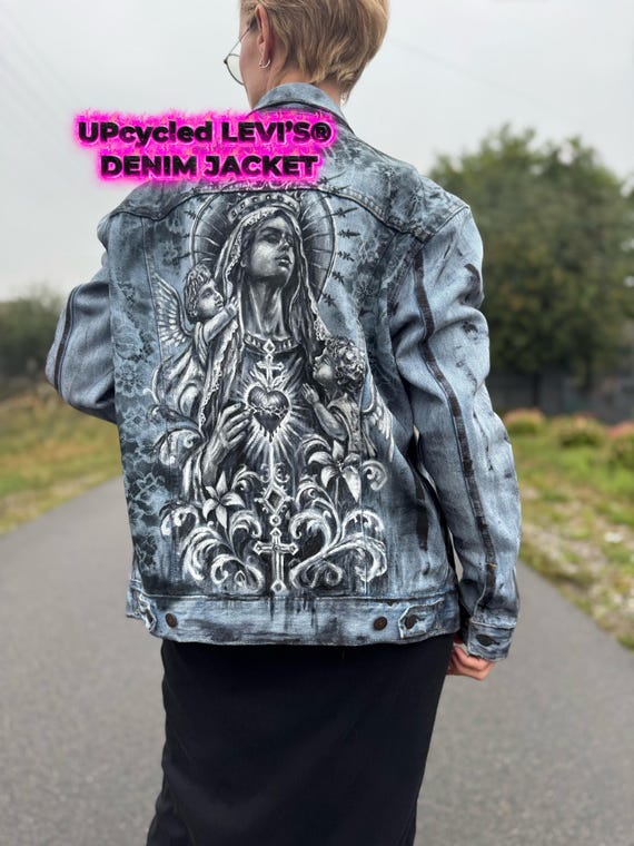 Hand-Painted Levi's Denim Jacket, Gothic Virgin Mary Art, Biker Style (Size M)