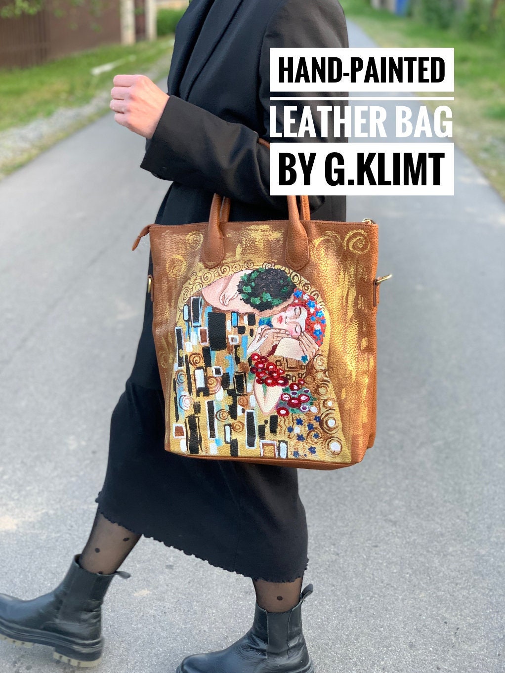Hand-Painted Klimt Style Leather Tote Bag - Artistic Fashion Handbag