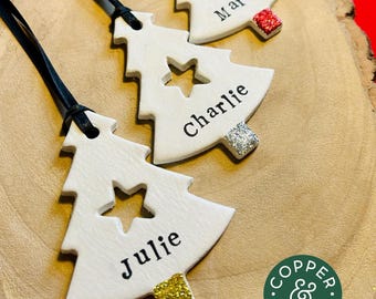 Personalised / Personalized Mini Christmas Tree Bauble – Clay Ornament Tag, Custom name Xmas Decoration, Xmas Tree Décor, Handmade UK
