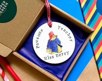 Personalised Paddington Bear Clay Bauble, Teacher Keepsake Decoration