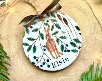 Personalised Clay Bunny Christmas Ornament, Woodland Keepsake Bauble
