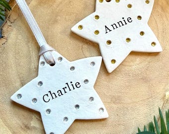 Personalised Christmas Tree Star Decoration, Handmade Star Ornaments, Custom name bauble