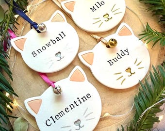 Personalised Cat Christmas Ornament: Handmade Clay Pet Keepsake, Custom name bauble