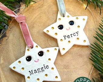 Personalised Star Christmas Bauble, Personalized Name Ornament, Clay Xmas Decoration, Cute Christmas tree decor, kawaii decoration