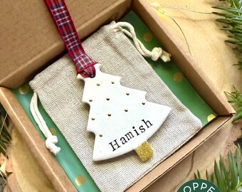 Personalised Clay Christmas Tree Ornament, Hand Stamped Name Bauble, Tartan Ribbon Decoration