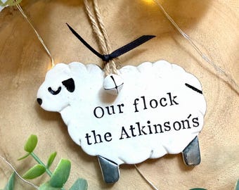 Personalised Sheep Ornament, Hand-Painted Family Name Sign, Farmhouse Christmas Gift, Custom name bauble