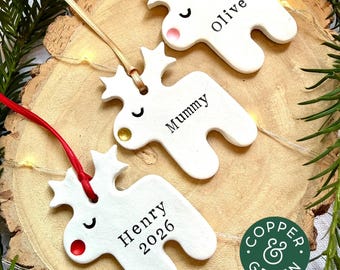 Personalised / Personalized Reindeer Christmas Tree Ornament - Clay Rudolph Bauble, Custom Name Xmas Decoration, Holiday Gift Tag