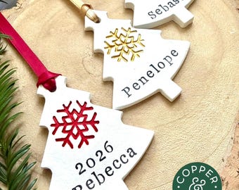 Personalised Clay Christmas Tree Decoration, Personalized Ornament, Snowflake detail (7cm)