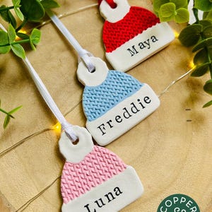 Personalised / Personalized Christmas Tree Ornament – Clay Bobble Hat Bauble / Decoration, Custom Holiday Gift Tag, Xmas Decor, Handmade UK