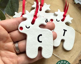 Personalised clay reindeer Christmas tree ornament - Custom Initial rudolph bauble, Hanging Xmas Decoration