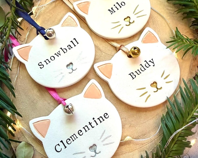 Personalised Cat Christmas Ornament: Handmade Clay Pet Keepsake, Custom name bauble