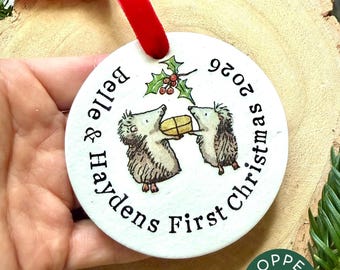 Personalised Baby's First Christmas Ornament, Handmade Clay Bauble, Hedgehog Decoupage, Twins gift