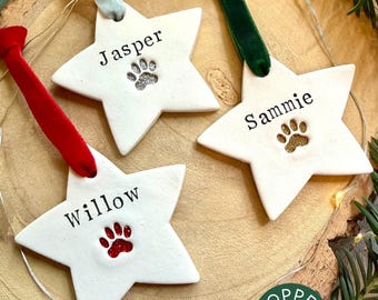 Personalised Dog Christmas Star Ornament – Paw Print Decoration, Clay Bauble, Pet Memorial Keepsake