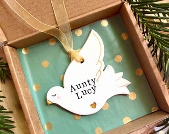 Personalised Clay Dove Christmas Decoration, Memorial Keepsake Ornament, Remembrance Gift