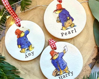 Personalised Paddington Bear Christmas Ornament: Handmade Clay Bauble, Teacher Gift