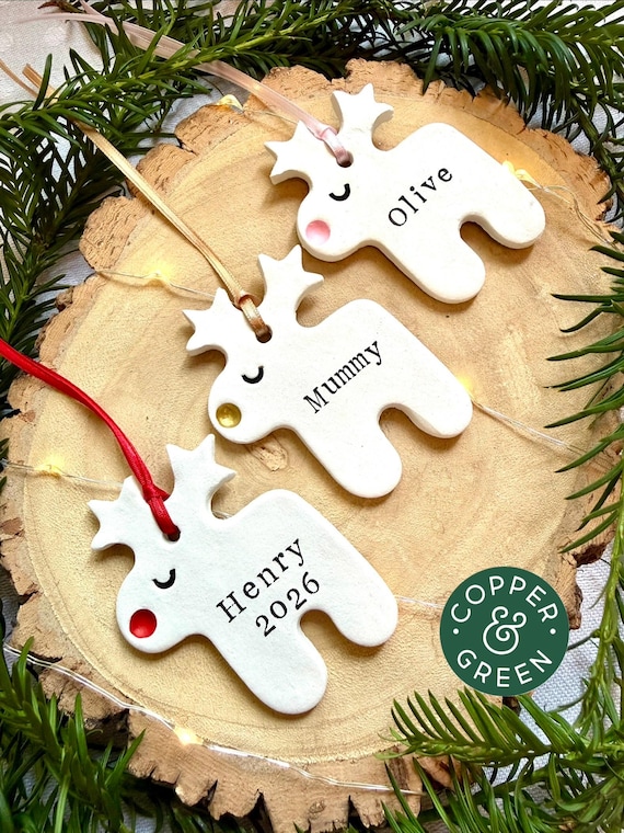 Personalised / Personalized Reindeer Christmas Tree Ornament - Clay Rudolph Bauble, Custom Name Xmas Decoration, Holiday Gift Tag