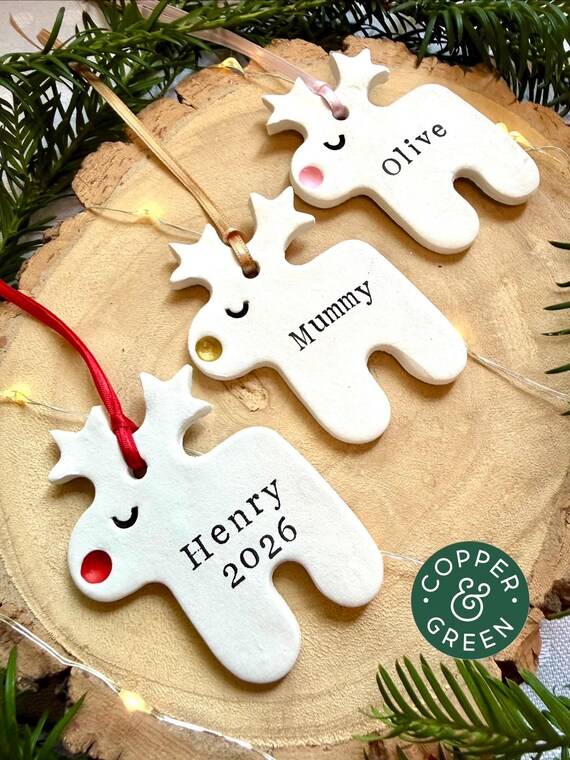 Personalised / Personalized Reindeer Christmas Tree Ornament – Clay Rudolph Bauble, Custom Name Xmas Decoration, Holiday gift Tag