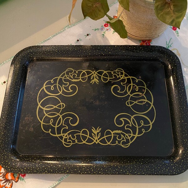 Vintage black and gold metal serving tray