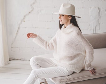 Loose fit soft silk mohair oversize sweater for women,  off white casual turtleneck sweater, soft thin chunky knit sweater