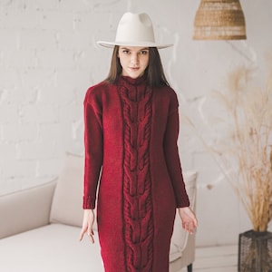 Cable knit long women sweater dress, maxi sweater dress in Bordeaux color, chunky knit long sleeve dress