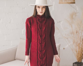 Cable knit long women sweater dress, maxi sweater dress in Bordeaux color, chunky knit long sleeve dress