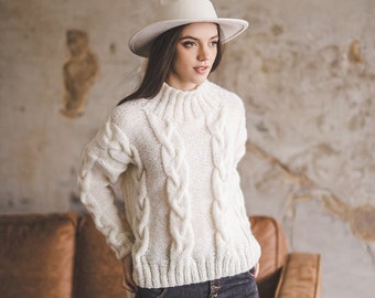 Cable knit off white sweater with prolonged back, chunky knit women jumper,  aran sweater top, loose fit women jumper