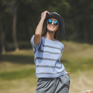 Short sleeve color block sweater for women, bright blue woman top, short sleeve hand knit blouse, elegant handknit sweater top image 1