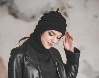 Cagoule noire pour femme, couvre-chef doux et tendance, bonnet d'hiver chaud, bonnet tricoté main, bonnet chaud en laine, cagoule de snowboard