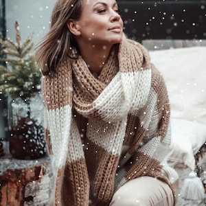 Color block winter scarf, off white caramel shawl, long fluffy woman scarf, winter blanket wrap