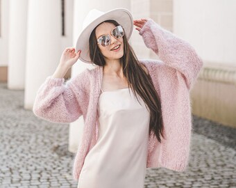 Powder pink bridal coat, short open front cardigan, pastel color trendy jacket, belted woman bomber