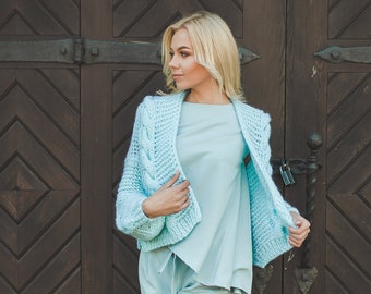 Cable knit short summer cardigan, mint green cardigan for women, chunky knit women bomber,  solid color short jacket