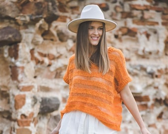 Orange summer blouse, bright stripy loose fit top, lightweight chunky knit summer blouse, oversize bright orange top