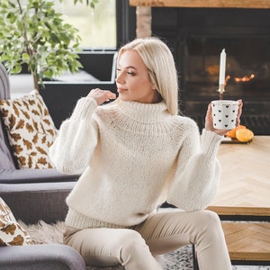 Balloon sleeve jumper, chunky knit turtleneck casual women sweater, off white solid color soft women sweater, alpaca wool sweater