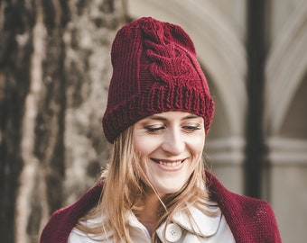 Bordeaux winter hat with aran, handknit cable hat, slouchy beanie, elegant winter cap