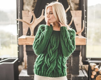 Pull pour femme Aran, pull en tricot torsadé vert, gros pull en tricot épais